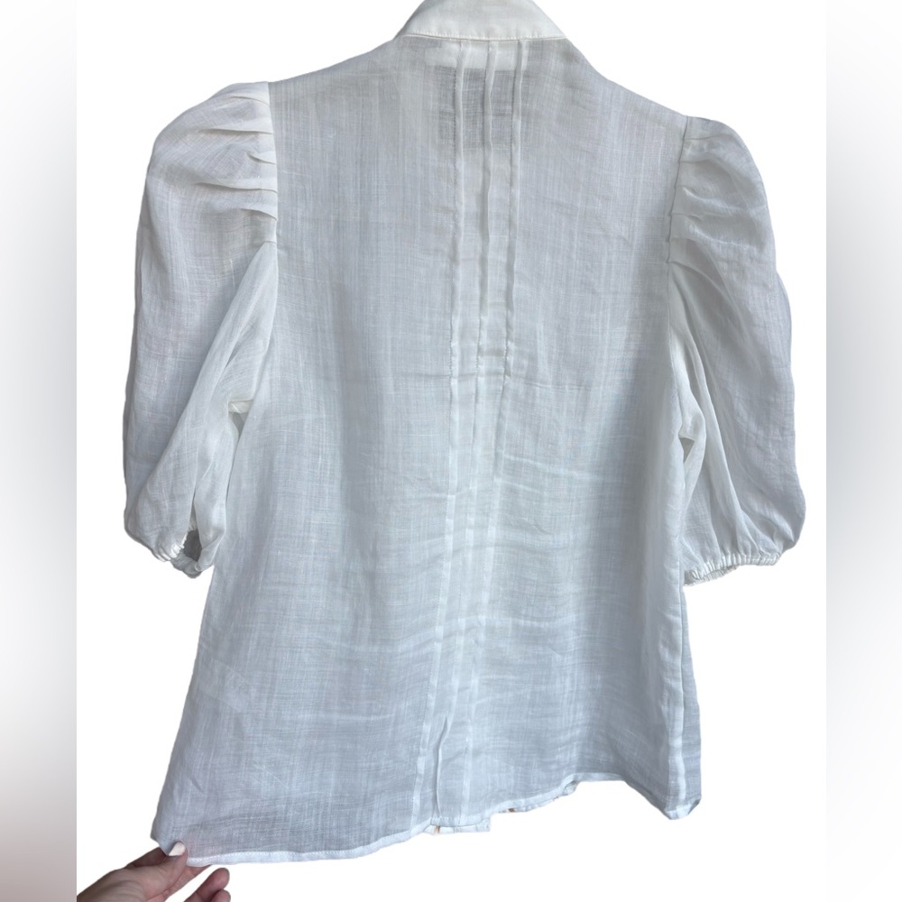 Zimmermann White Blouse Ruffle and Brown Embroidered Trim, Size 0 XS - Picture 3 of 11